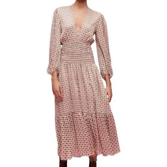 Maje Ripege Shirred Printed Georgette Midi Dress - Picture 1 of 16